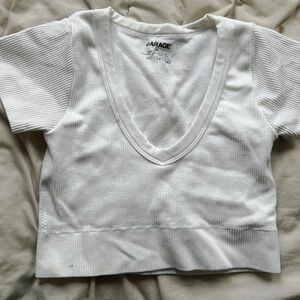 Garage White Ribbed V-Neck Crop Top